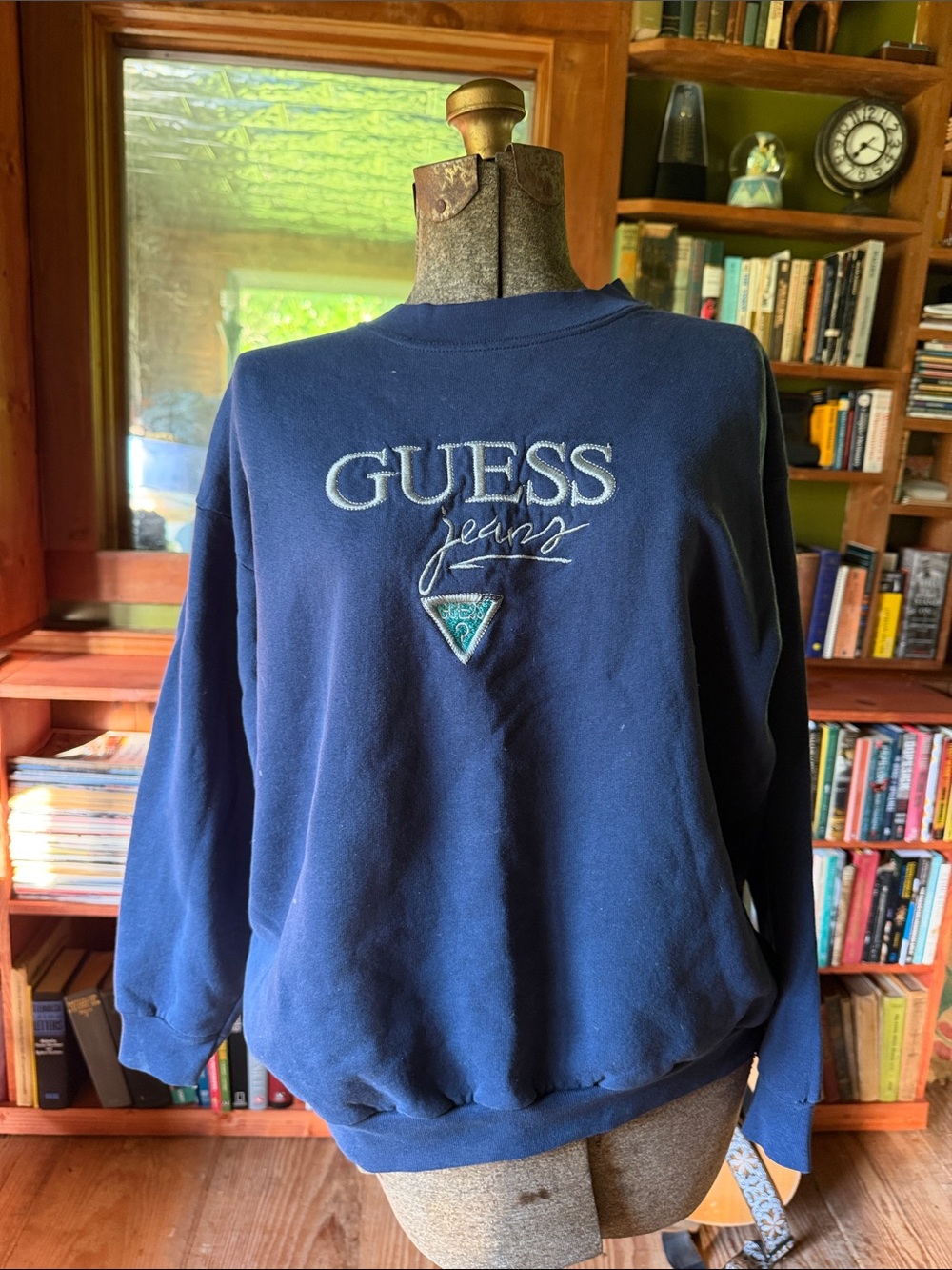 Vintage 90s Guess Navy Sweatshirt with Embroidered Logo, fits like medium